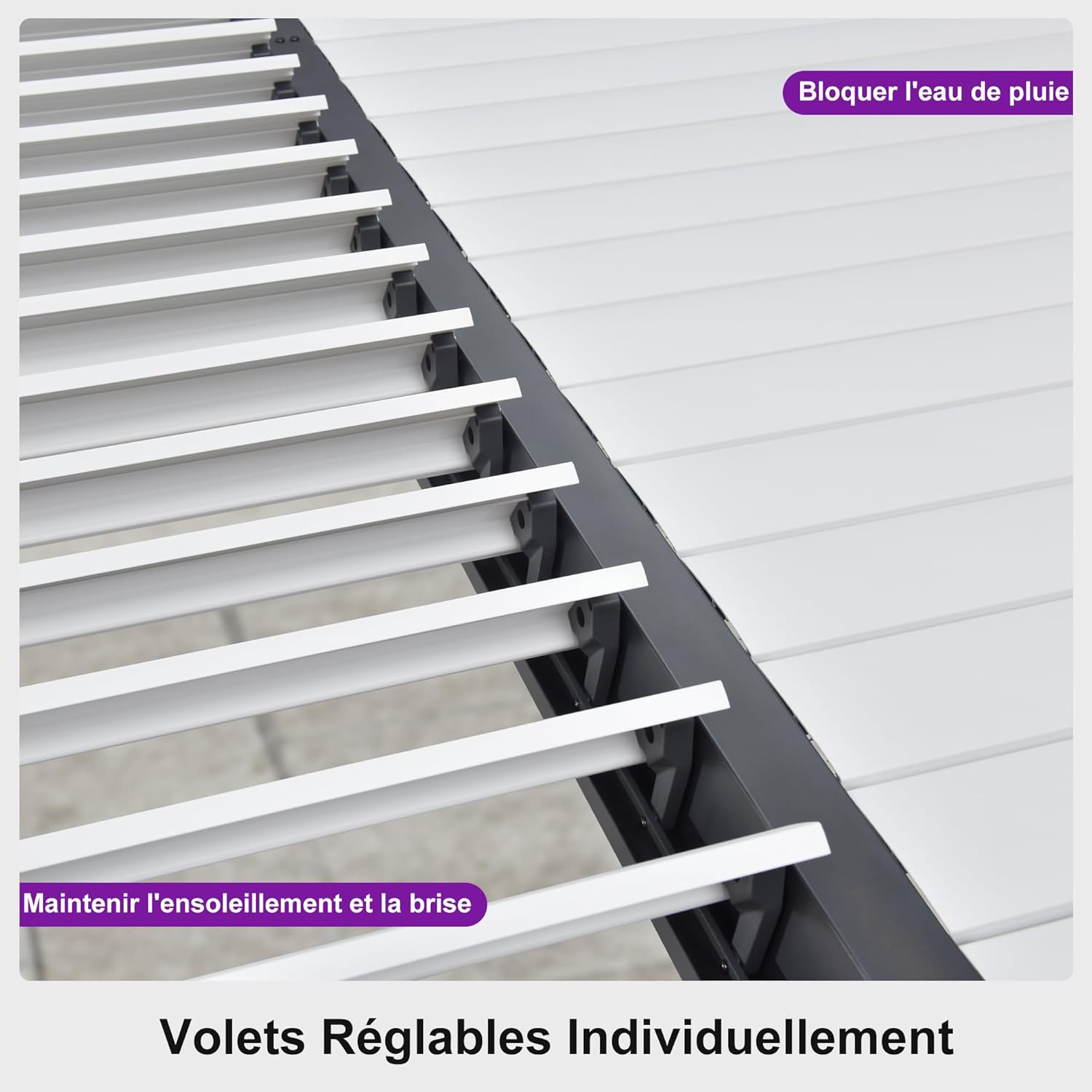 PURPLE LEAF - pergola bioclimatique - 6,35x3,5m - aluminium gris, poteaux blancs, lames orientables