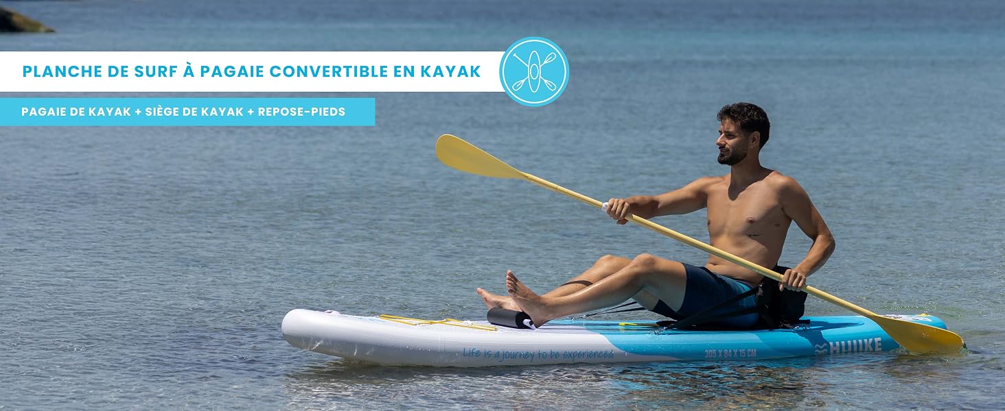 Le texte se lit comme suit : « PLANCHE DE SURF À PAGAIE GONFLABLE DAKARA ». Personne faisant du paddleboard sur l'eau bleue de l'océan, démontrant l'utilisation du produit.