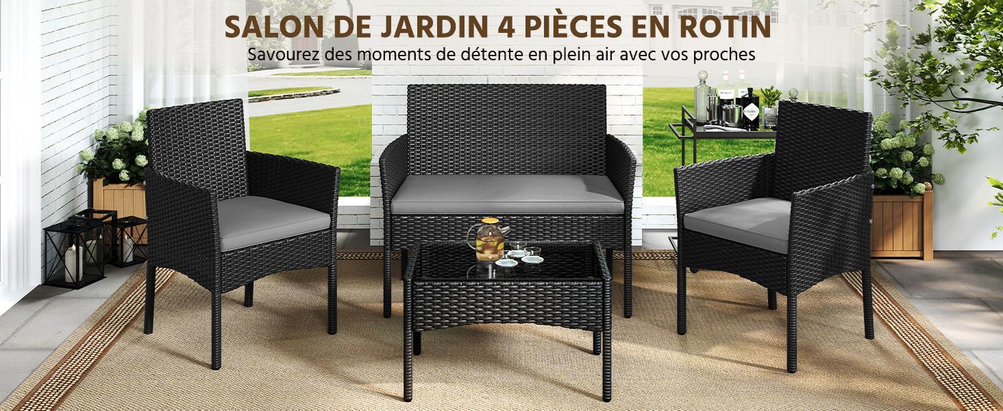 Le texte se lit comme suit : « SALON DE JARDIN 4 PIÈCES EN ROTIN ». Plusieurs vues d'un ensemble de mobilier d'extérieur moderne en osier foncé/rotin avec des coussins clairs, y compris un canapé, des chaises et une table.
