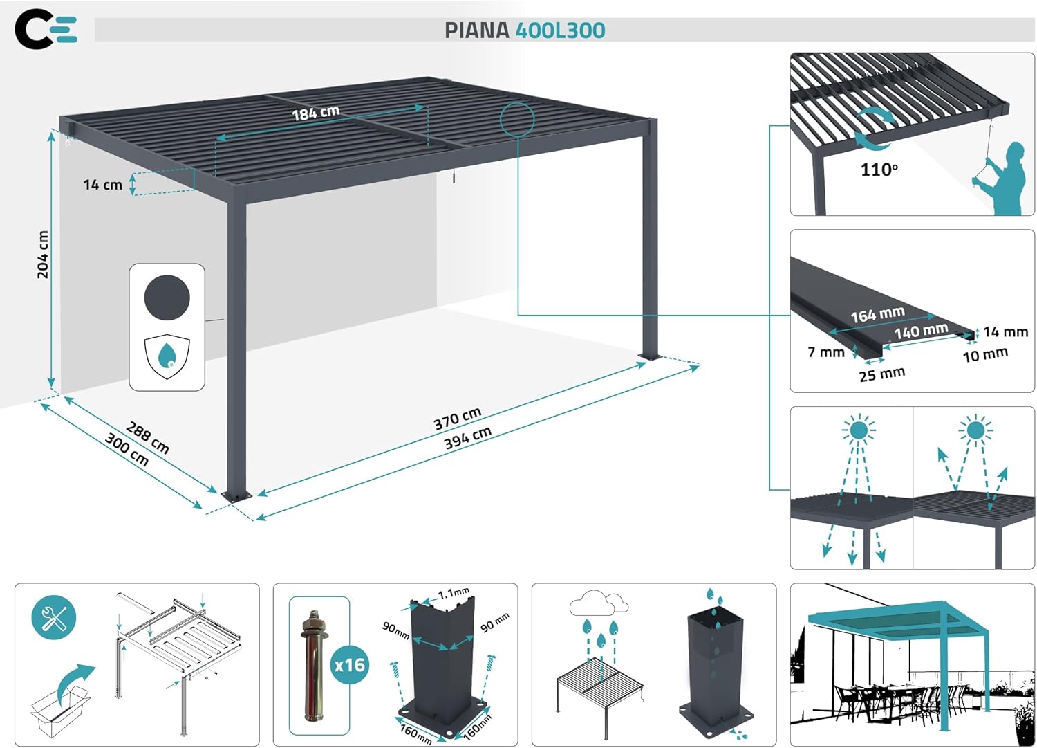 CAZEBOO - Pergola Piana - 4x3 m - Alu gris, lames acier orientables, RAL 7016