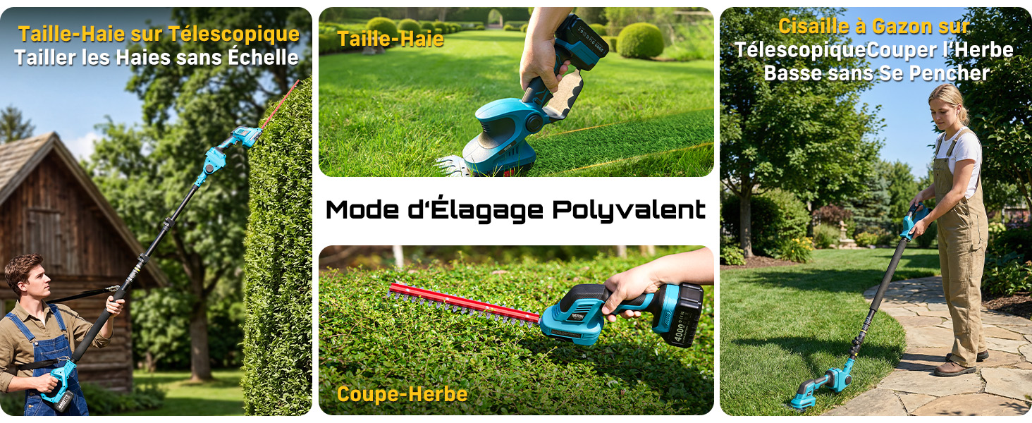 Le texte indique « Mode d'Élasique Polyvalent » avec du texte en français au-dessus des panneaux. Quatre photos d'activités de plein air montrant des personnes portant des chaussures bleues dans divers environnements : activités sur l'herbe, dans le jardin et sur le terrain.