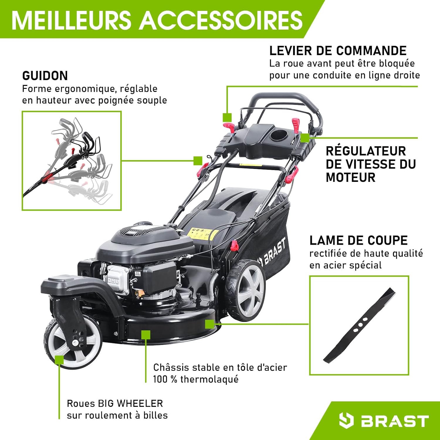 BRAST - tondeuse thermique 3 roues 53cm, 224cc, tractée, démarrage électrique, mulching, 4en1, TRIKE E-START