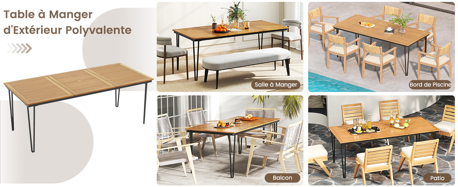 Le texte se lit comme suit : « Table à Manger d'Exterieur Polyvalente ». Collage représentant une table à manger d'extérieur avec plateau en lattes de bois et pieds en métal, présentée dans de multiples décors avec différentes combinaisons de chaises.