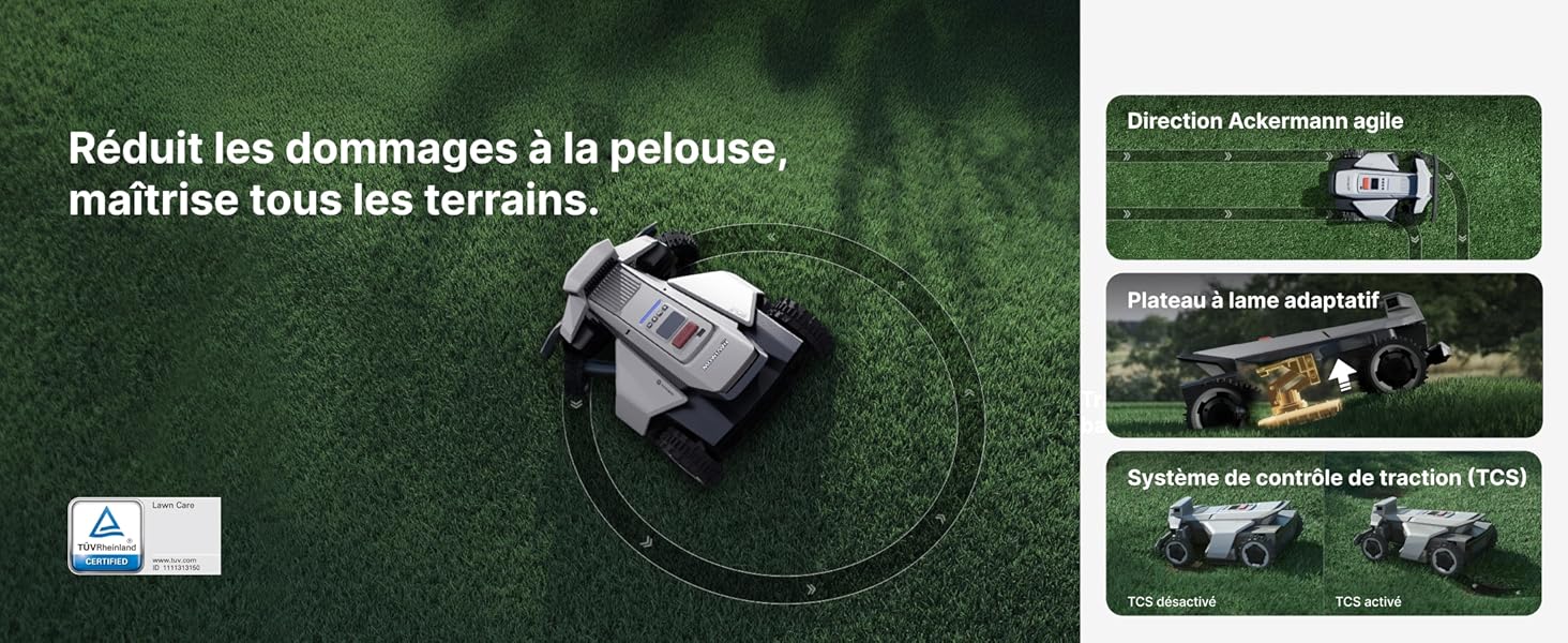 Le texte se lit comme suit : « Réduit les dommages à la pelouse, maîtrise tous les terrains ». Panneaux multiples montrant une tondeuse à gazon robotisée sur l'herbe, avec des éléments d'interface technique montrant les caractéristiques de direction et de contrôle.