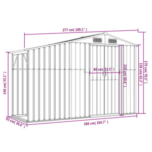 Schéma technique montrant les dimensions d'un hangar ou d'une structure de stockage, avec des mesures en centimètres marquées le long des côtés et de la largeur.