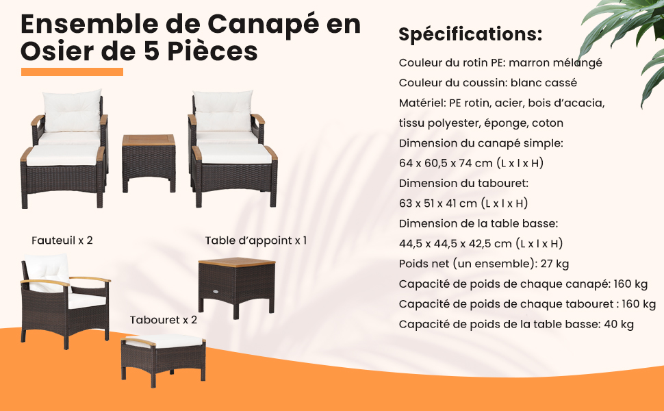 comprenant un canapé, des chaises et une table. Spécifications du produit répertoriées en français, détaillant les dimensions et la capacité de poids.