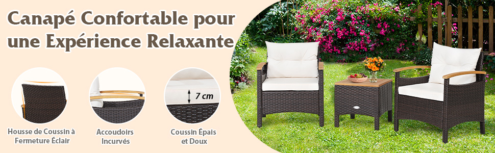 comprenant des fauteuils en osier avec coussins blancs et une table d'appoint. L'image montre les dimensions et les caractéristiques du produit.