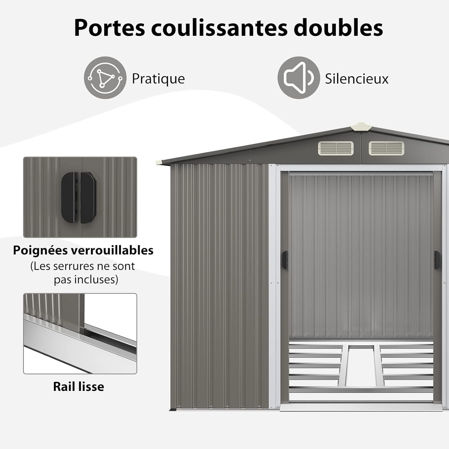 GOPLUS 4,74㎡ Abri de Jardin en Métal Galvanisé avec Base, Cabine de Jardin Extérieur Porte Coulissante, Résistant aux Intempéries, Cabane de Rangement à Outils 8,59m³, 260 x 207x181cm, Toit Gris Foncé
