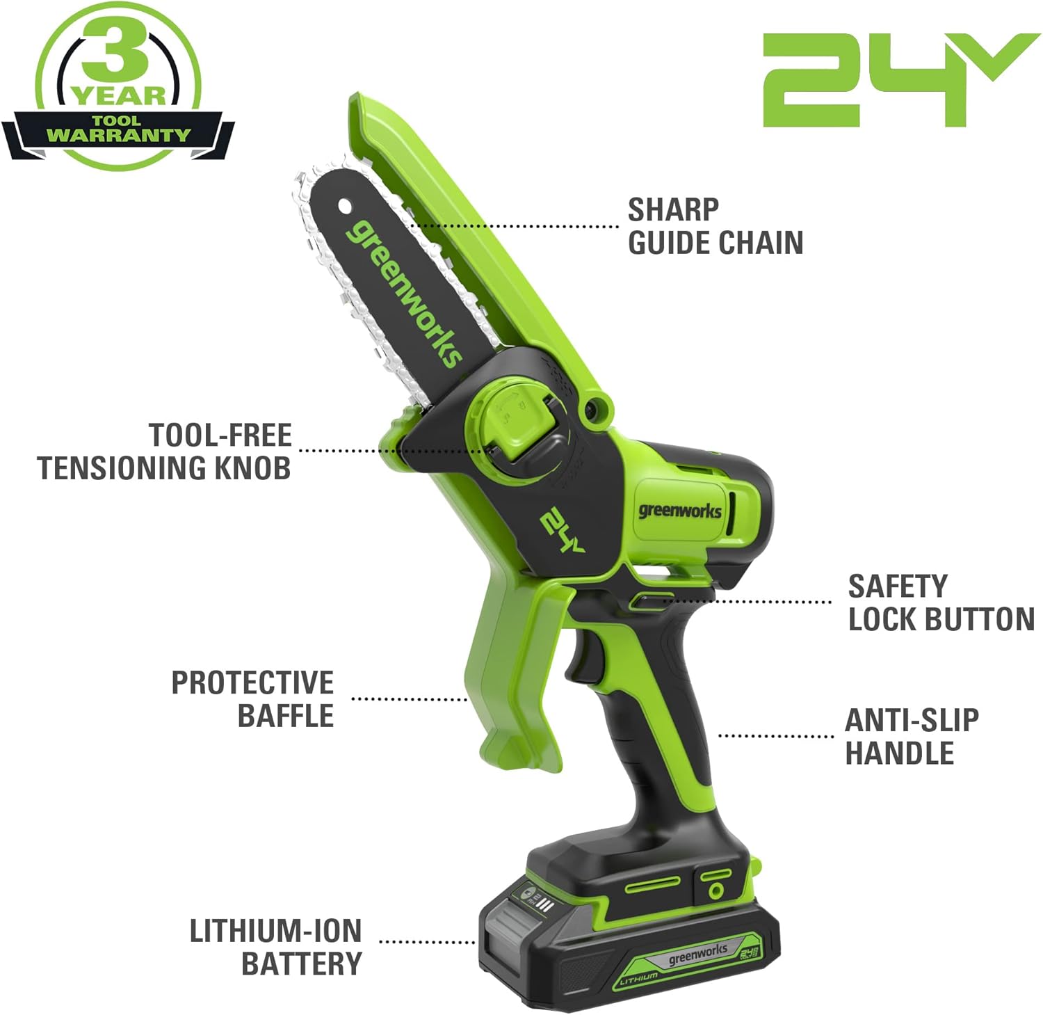 Greenworks - Mini tronçonneuse 24V - 10 cm - batterie 2Ah, 7,8 m/s