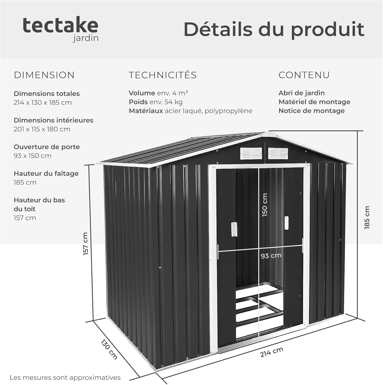 Abri de jardin métal, 214x130x185cm, 4,2m³, double pente, fondation