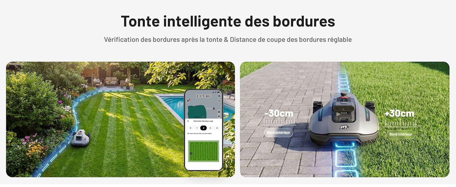 Le texte se lit comme suit : « Tonte intelligente des frontières ». Série de photos de bordures de pelouse montrant une tondeuse robotisée taillant les bordures de gazon le long des allées et des bordures.