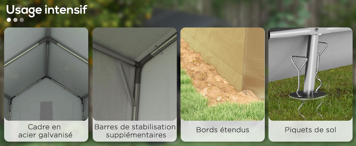Image à quatre panneaux présentant les caractéristiques renforcées de la tente : cadre en acier galvanisé, barres de stabilisation, bords allongés et piquets de sol pour une installation extérieure sécurisée