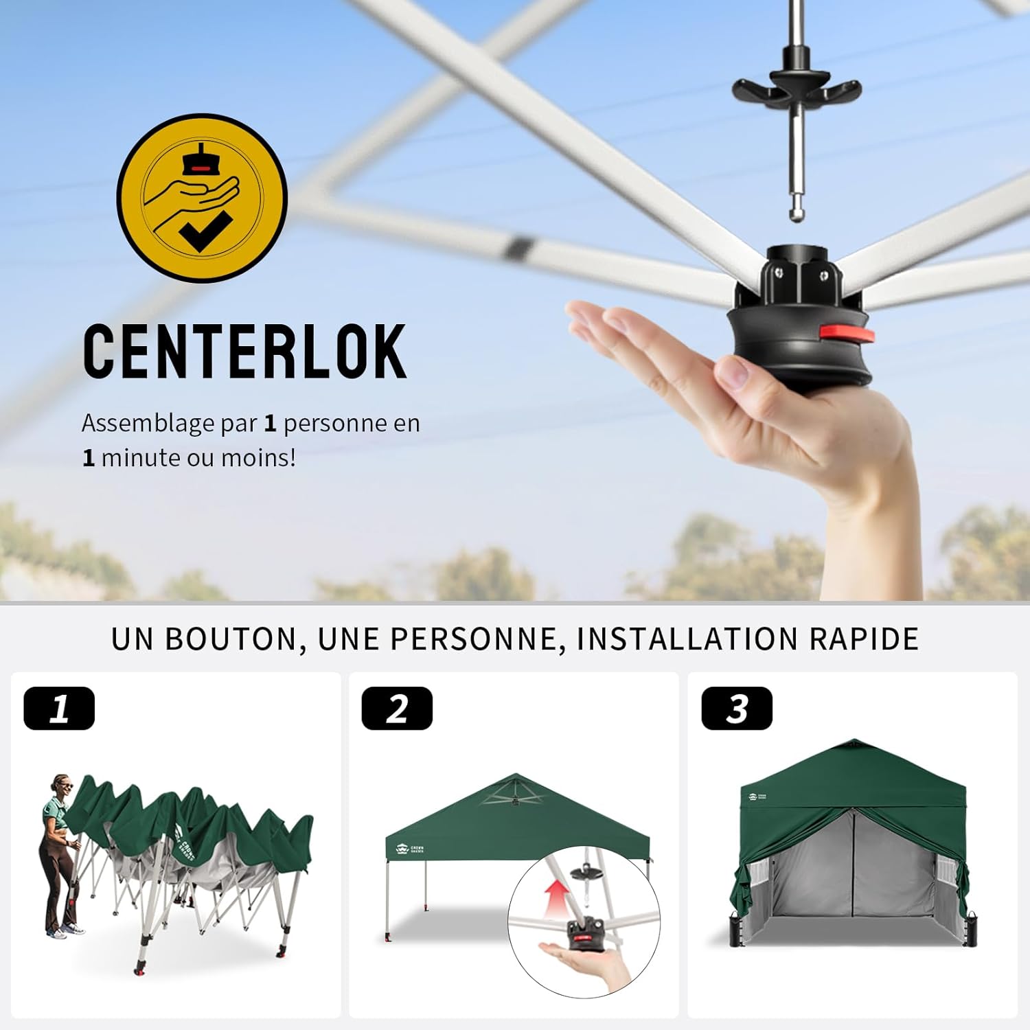 CROWN SHADES Tonnelle Pliante 3x3 Imperméable, Barnum Pliant de Jardin Exterieur, Pop-Up Gazebo avec Sac de Rangement, UPF 50+, avec 4 Parois Latérales Amovible, 4 Sac de Sable, Vert Forêt