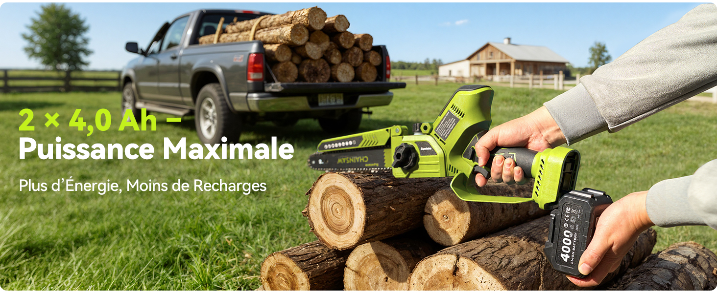 Le texte indique « 24,0 Ah Puissance Maximale Plus d'Énergie, Moins de Recharges ». Montre une tronçonneuse sans fil utilisée pour couper des rondins, avec un camion chargé de bois de chauffage en arrière-plan.