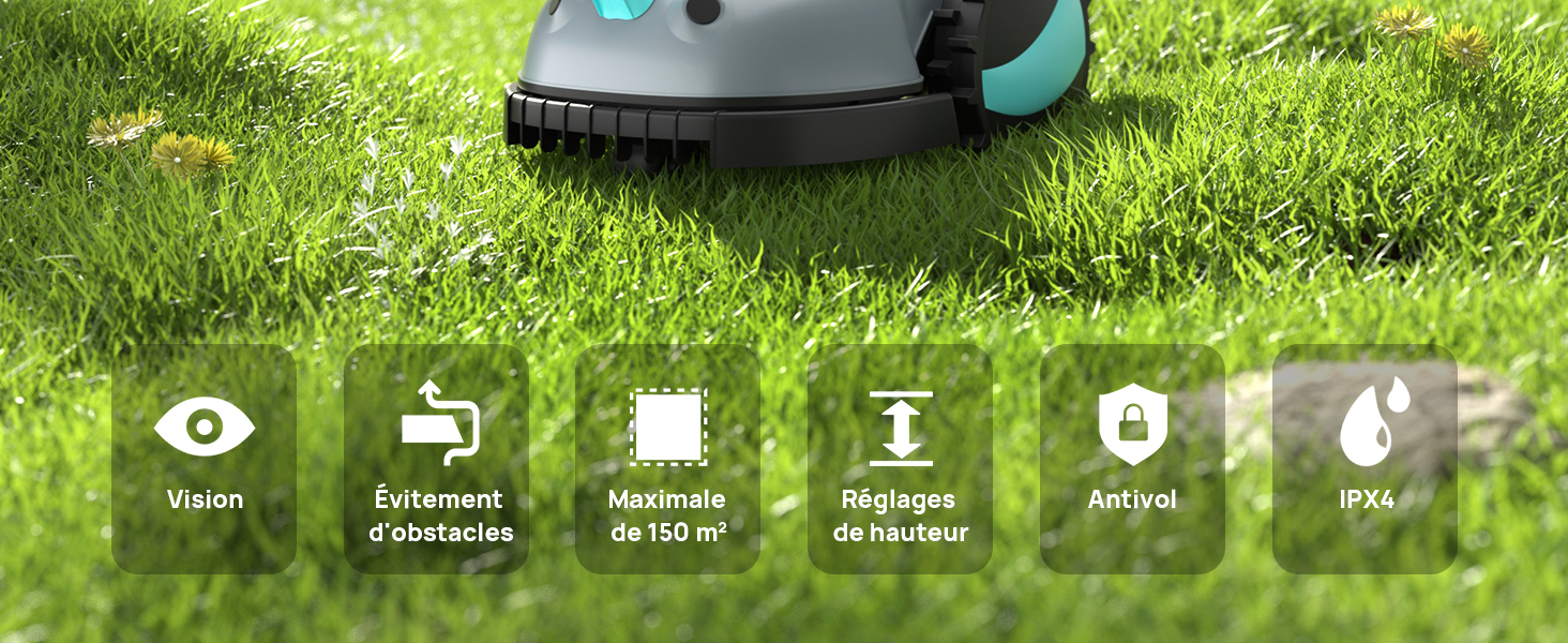 Tondeuse à gazon robotisée sur gazon avec une rangée d'icônes d'état au-dessus montrant divers indicateurs de fonction tels que les symboles de batterie, de calendrier et de paramètres.