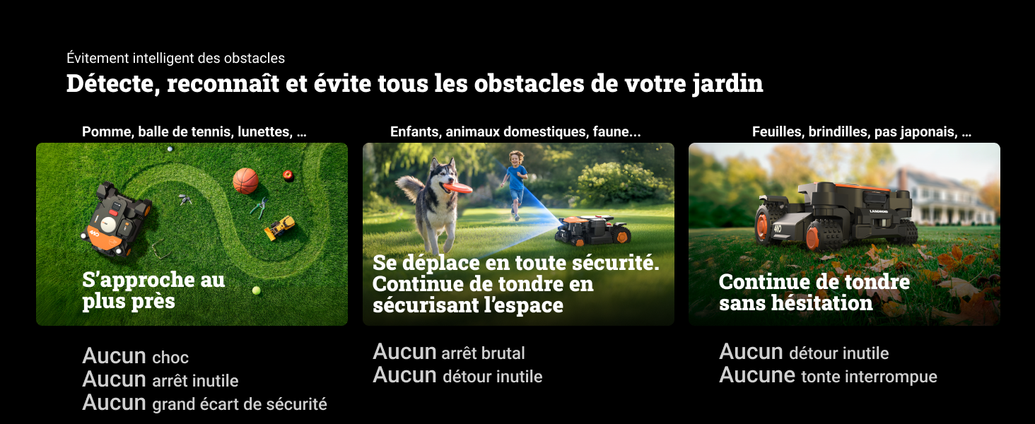 Série de scènes de jardin extérieur montrant des activités d'entretien de la pelouse. Le texte semble être en français pour décrire les instructions d'entretien de la pelouse ou les avantages du produit.