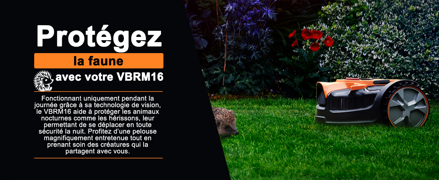 pour la protection de la faune, avec une barre orange et une image d'une tondeuse à gazon robotisée sur l'herbe. Texte en français.