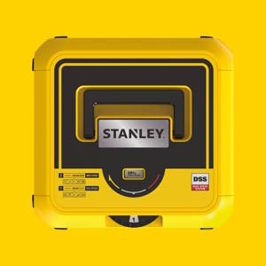 Le texte indique le nom de la marque « STANLEY ». Série d'images montrant un couteau utilitaire utilisé sur une surface en béton, montrant une action de coupe ou de grattage.