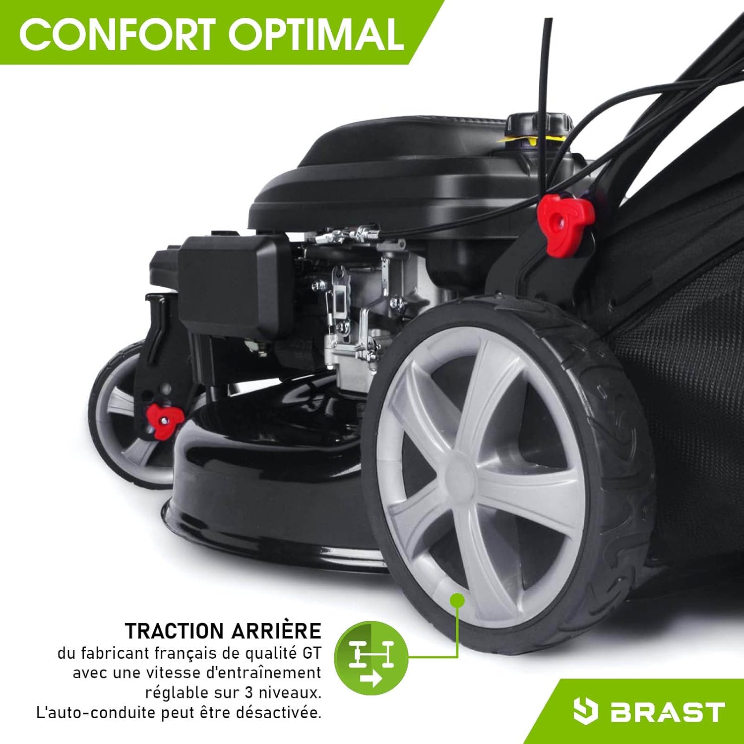 BRAST tondeuse thermique 3 roues TRIKE ESTART SPEED 224cc 53cm tractée démarrage électrique vitesse d'entraînement triple réglable mulching 4en1 capot en tôle en acier 60l - moteur 4 temps reglable