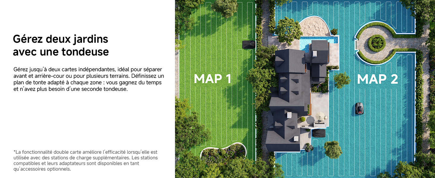 Texte visible : « CARTE 1 », « CARTE 2 ». Plusieurs panneaux montrant des scènes de jardin en plein air avec une clôture bleue et de la verdure.