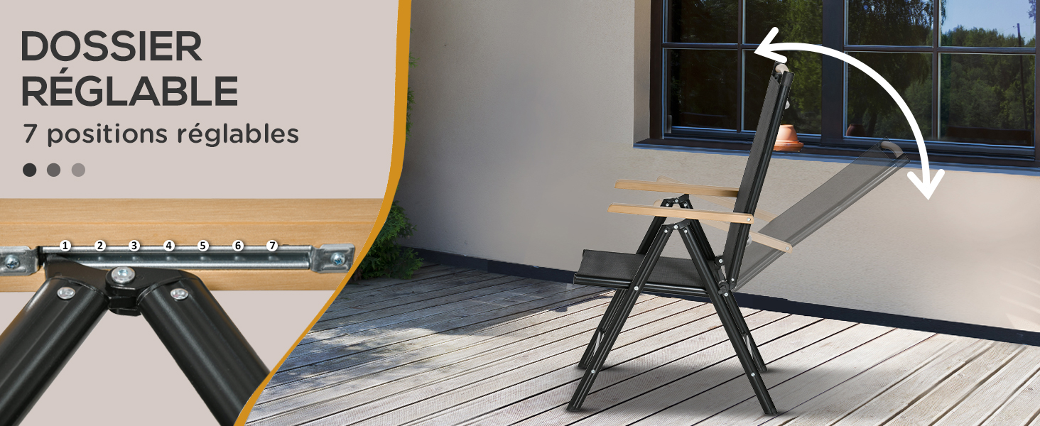 avec 7 positions d'inclinaison, présentée sur une terrasse. Le texte indique « DOSSIER RÉGLABLE » et « 7 positions réglables »