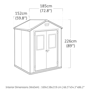 Schéma technique indiquant les dimensions d'une unité de stockage. Les mesures incluent 195 cm de largeur, 226 cm de hauteur et diverses spécifications détaillées pour les composants et les sections.