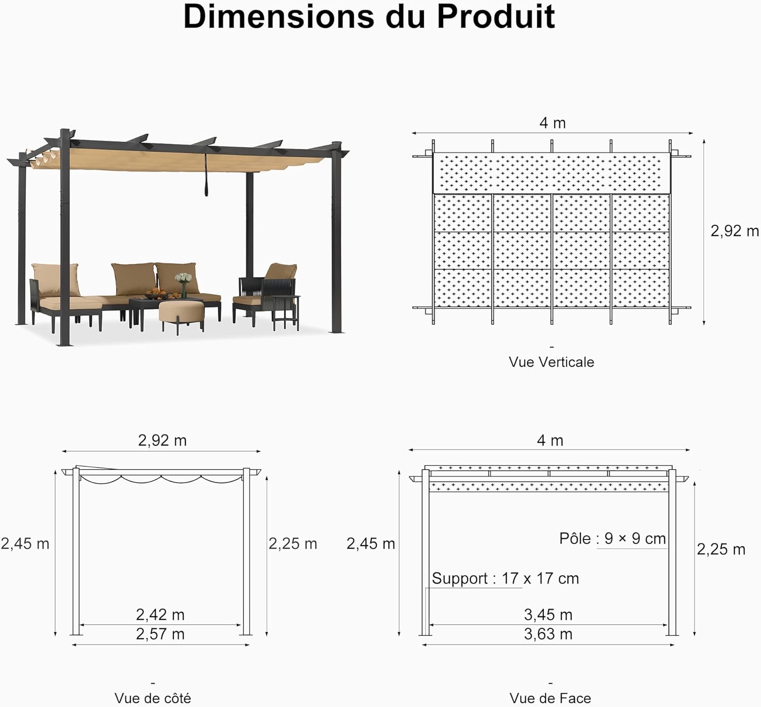 PURPLE LEAF - pergola aluminium - 4x3m - rideau, toit rétractable, kaki