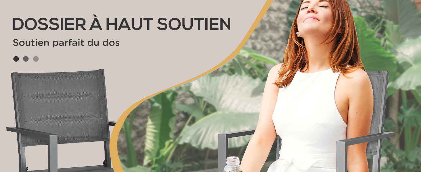 Chaise d'extérieur grise à haut dossier, illustrée partiellement. Le texte en français suggère qu'il offre un soutien parfait du dos.
