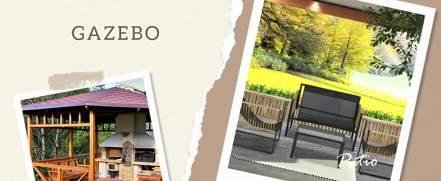 Deux images de kiosques : une structure en bois avec des sièges, une autre structure en métal noir dans un jardin. Le texte indique « GAZEBO »