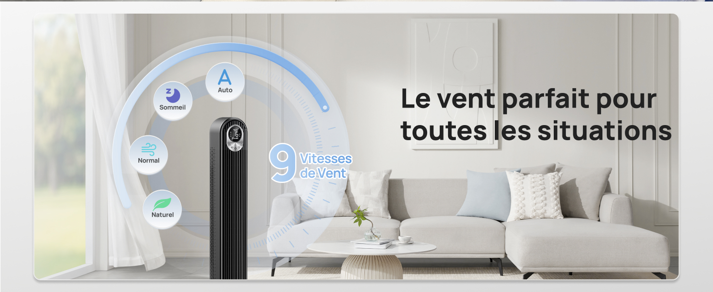 Le texte se lit comme suit : « Le vent parfait pour toutes les situations ». Chambre intérieure moderne blanche avec unité de climatisation visible sur le mur.