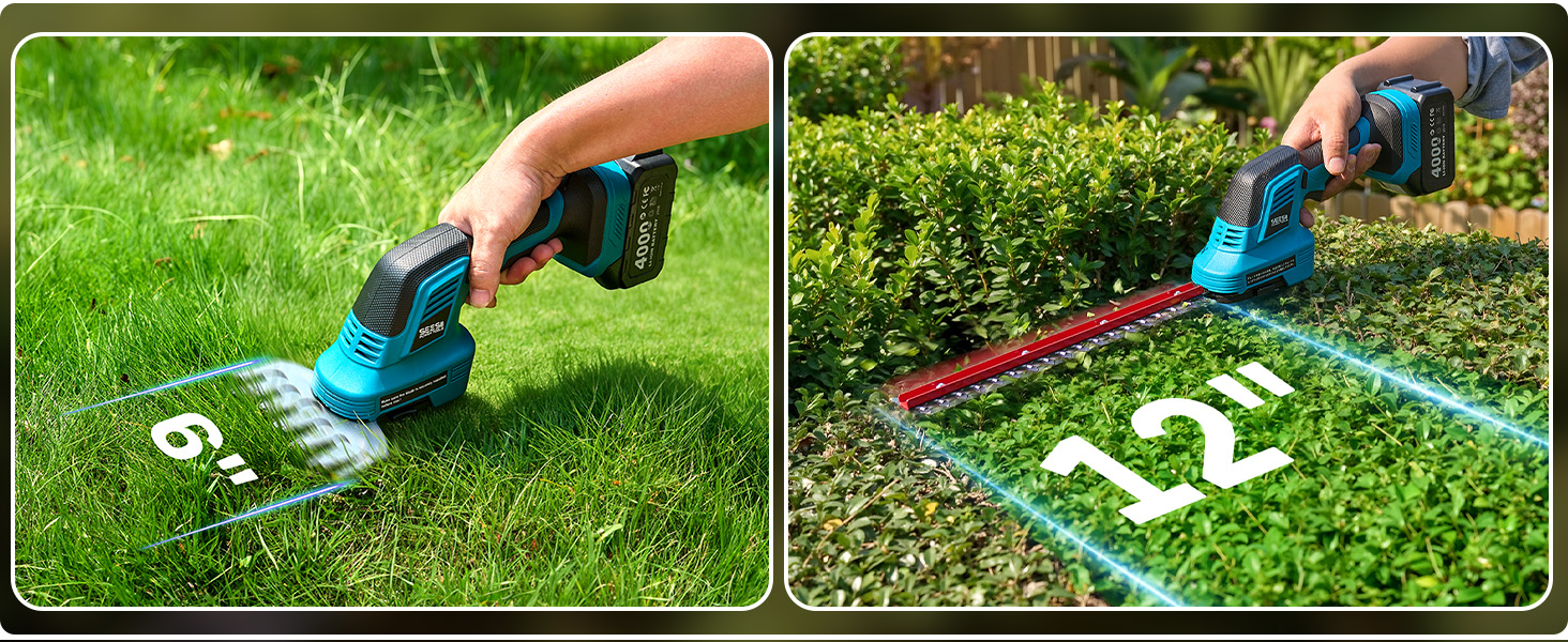 Image à deux panneaux montrant des outils de jardinage portatifs bleus en cours d'utilisation. Panneau de gauche : personne utilisant un outil bleu marqué d'un numéro sur l'herbe verte. Panneau droit : personne utilisant un taille-haie bleu marqué d'un numéro sur le feuillage vert de la haie.