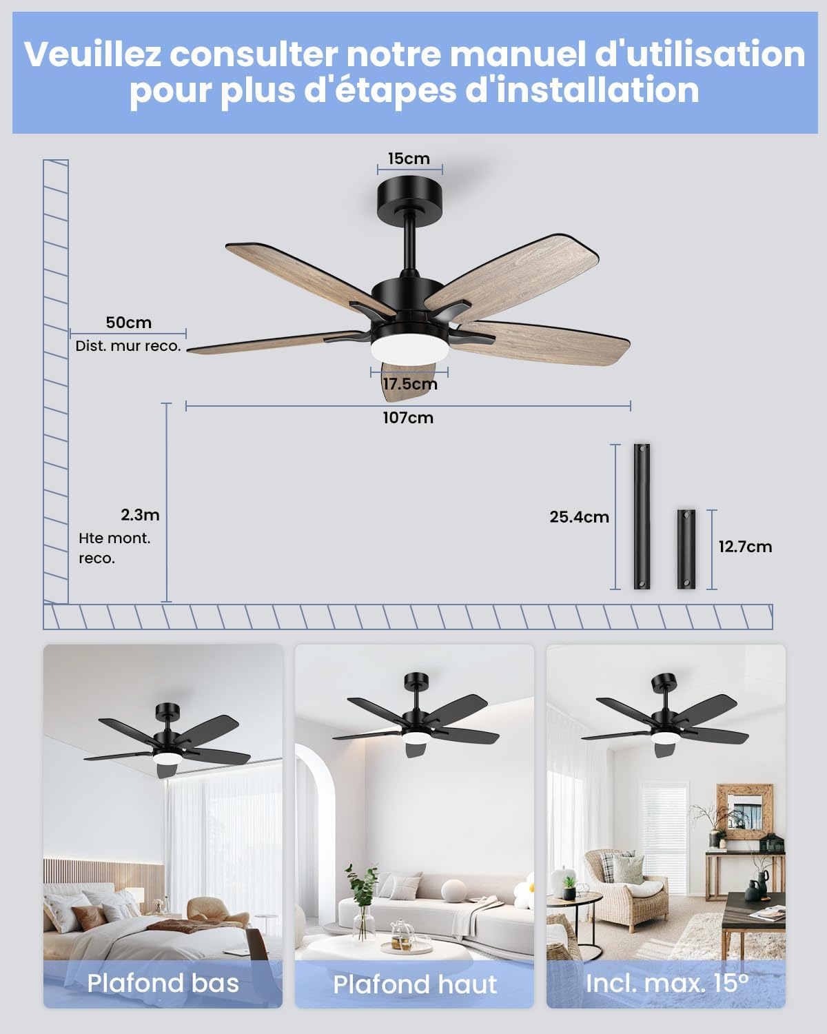 Airwit 106cm Ventilateur de Plafond Silencieux avec Lumière, Télécommande et Moteur Réversible DC pour Chambre, Salon et Cuisine