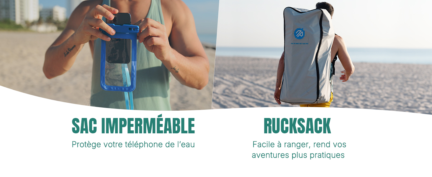 Image à deux panneaux : La gauche montre des mains tenant un étui de téléphone imperméable bleu. La droite montre une personne portant un sac à dos gris sur une plage. Le texte indique que les produits sont des sacs et des sacs à dos imperméables