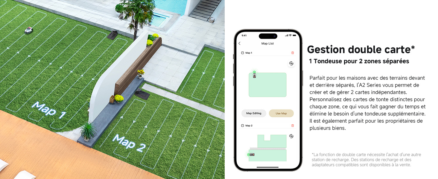 Le texte indique « Gestion double carte » avec un smartphone affichant l'interface de l'application et une visualisation de la carte de paiement verte sur fond de terrain de football, montrant la fonction de gestion des deux cartes.