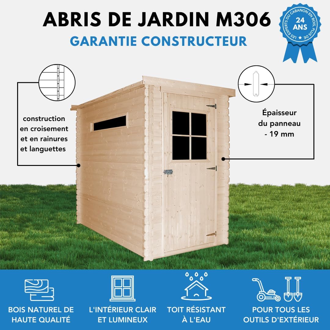 TIMBELA - M306 - abri de jardin bois 2,63m², parois 19mm, fenêtres