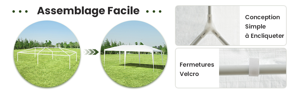 Instructions de montage montrant le processus d'installation d'un auvent extérieur ou d'une structure de tente avec détails de fermeture velcro