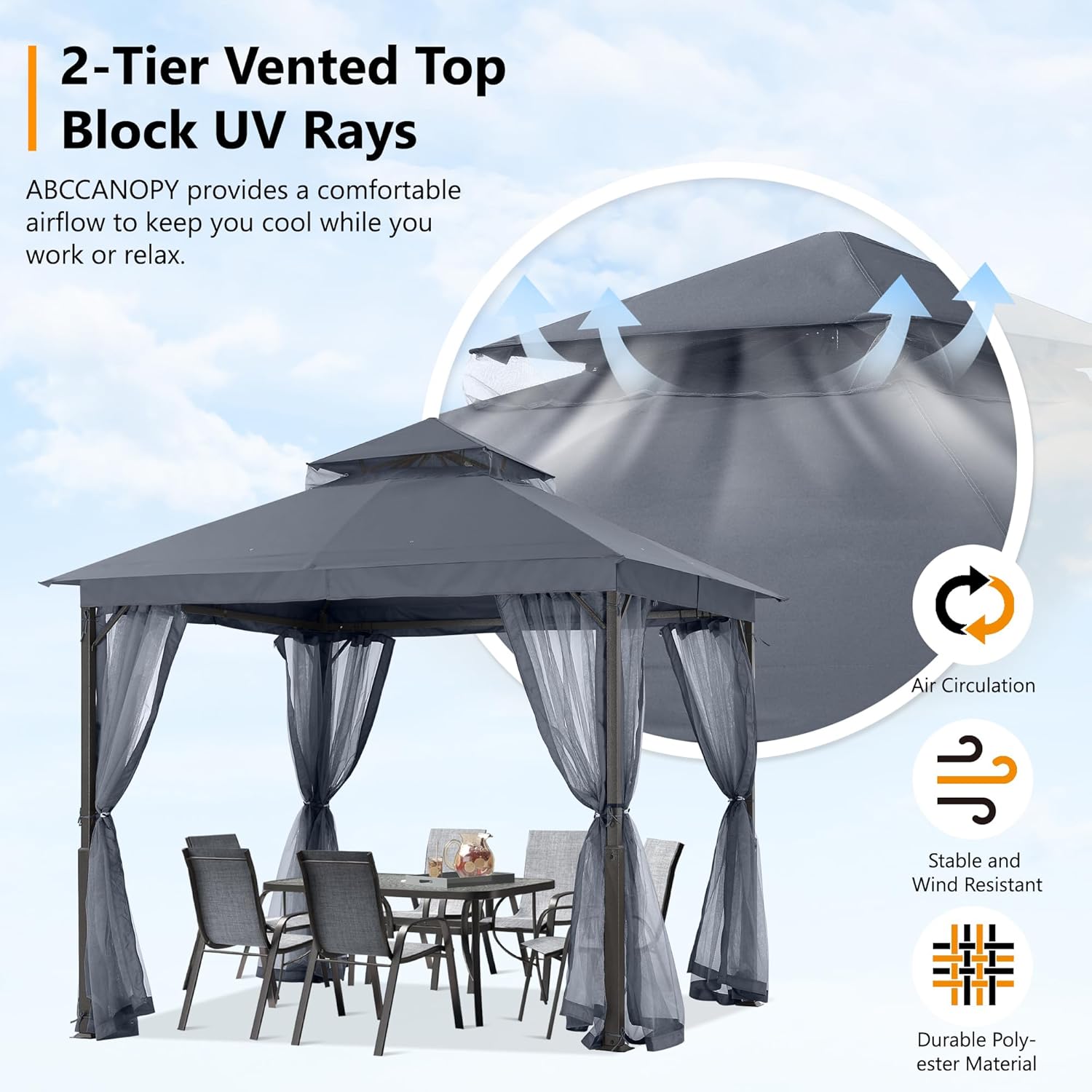 ABCCANOPY - Tonnelle extérieure double toit - 229 x 227 cm - moustiquaire, rideaux, gris foncé