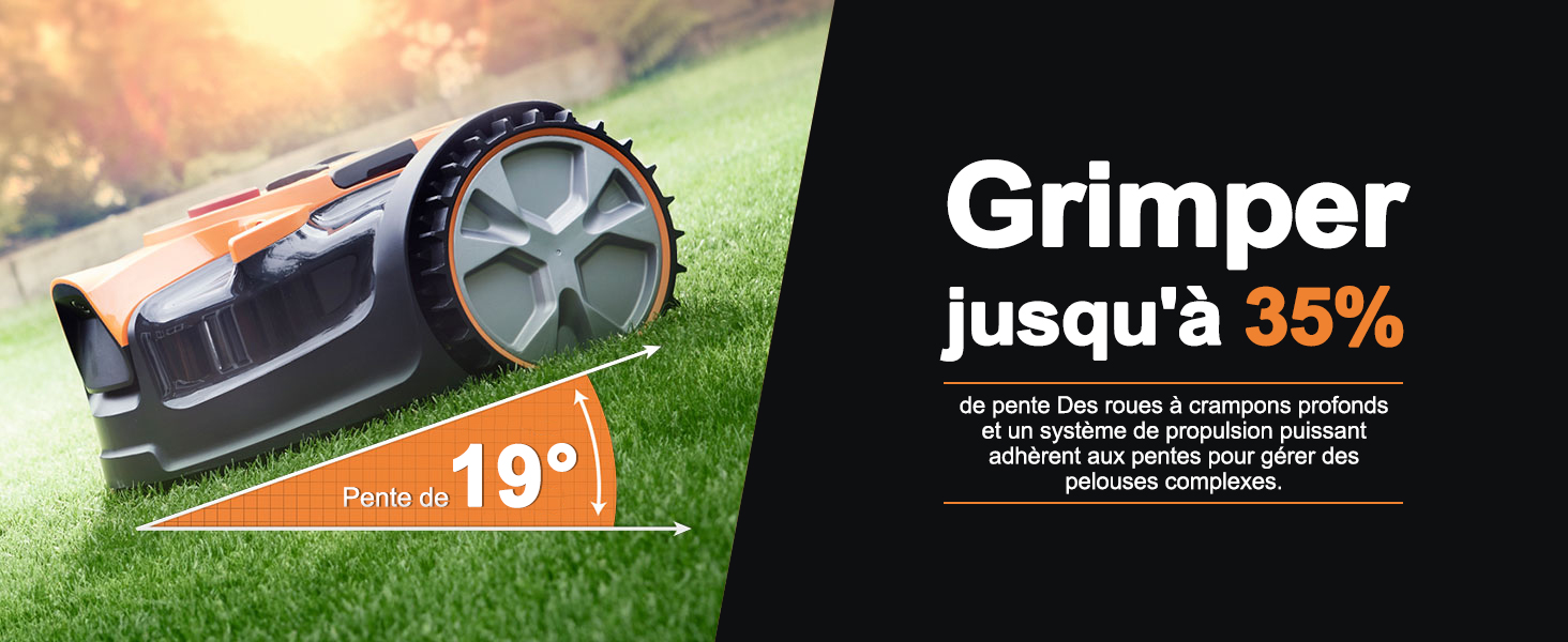présentée à un angle de 19 degrés, avec un texte indiquant la capacité de grimper jusqu'à 35 % de pente sur les surfaces gazonnées.