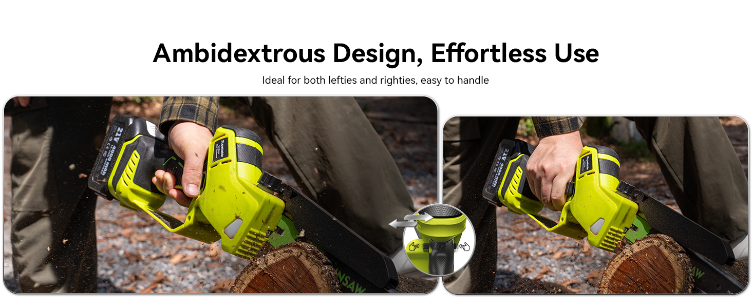 Le texte indique « Design ambidextre, utilisation sans effort ». Plusieurs images montrant un arrosoir de jardin jaune utilisé sous différents angles, démontrant la capacité de versement à deux mains.
