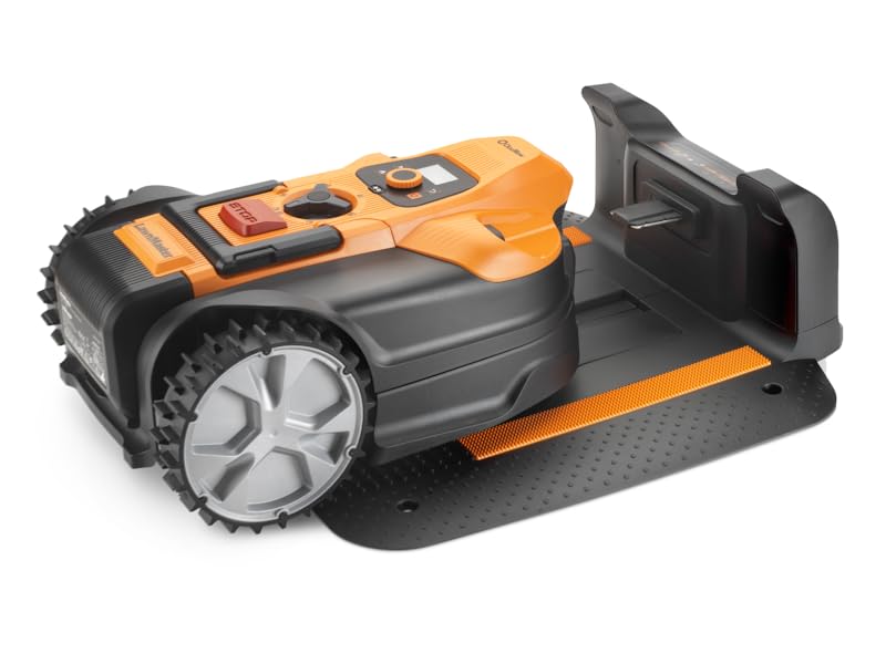 Tondeuse à gazon robotique orange et noire ou outil de jardin automatisé avec roues et boîtier de protection.