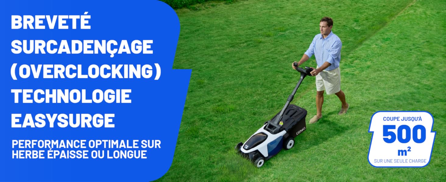 en action sur gazon vert, avec texte mettant en évidence la technologie « EasySurge » et une capacité de couverture de 500 m²