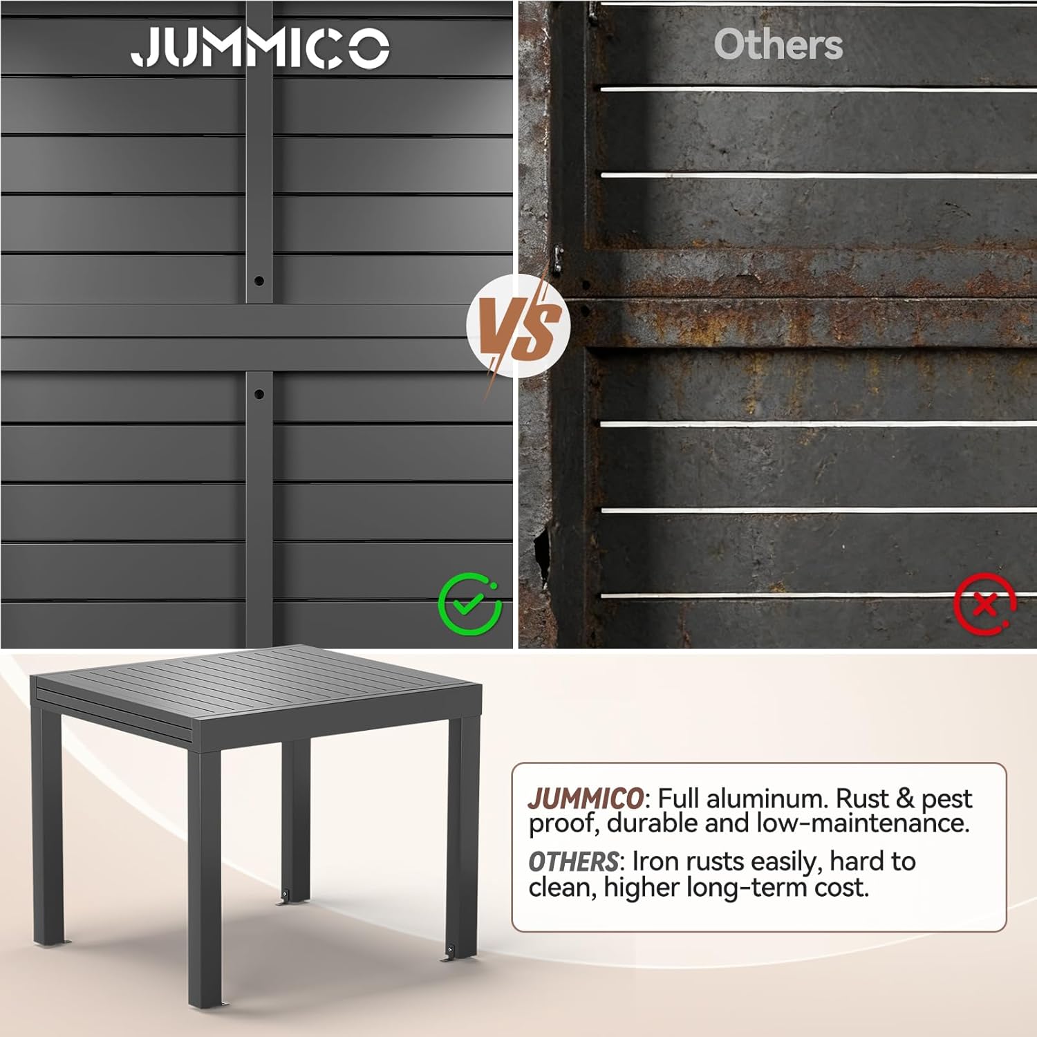 JUMMICO - table extensible 260x80cm - aluminium résistant, facile entretien