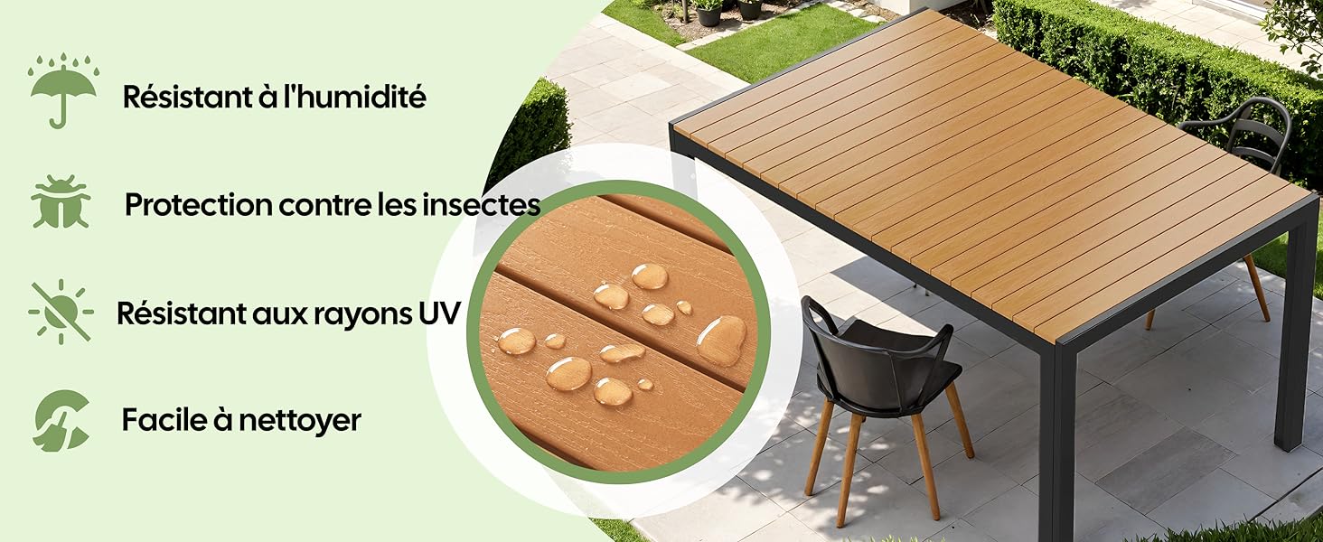 Le texte indique « Résistant au DTperméBr6 ». Plusieurs vues du mobilier d'extérieur en bois, y compris une table et des chaises, présentées sous différents angles sur fond de jardin.