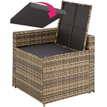 avec couvercle relevable. Extérieur en tissu brun façon rotin, dessus de coussin foncé et compartiment de rangement caché