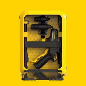 Images techniques en gros plan montrant des composants de l'appareil et des éléments d'interface noirs sur fond jaune, affichant des commandes et des connexions électroniques.