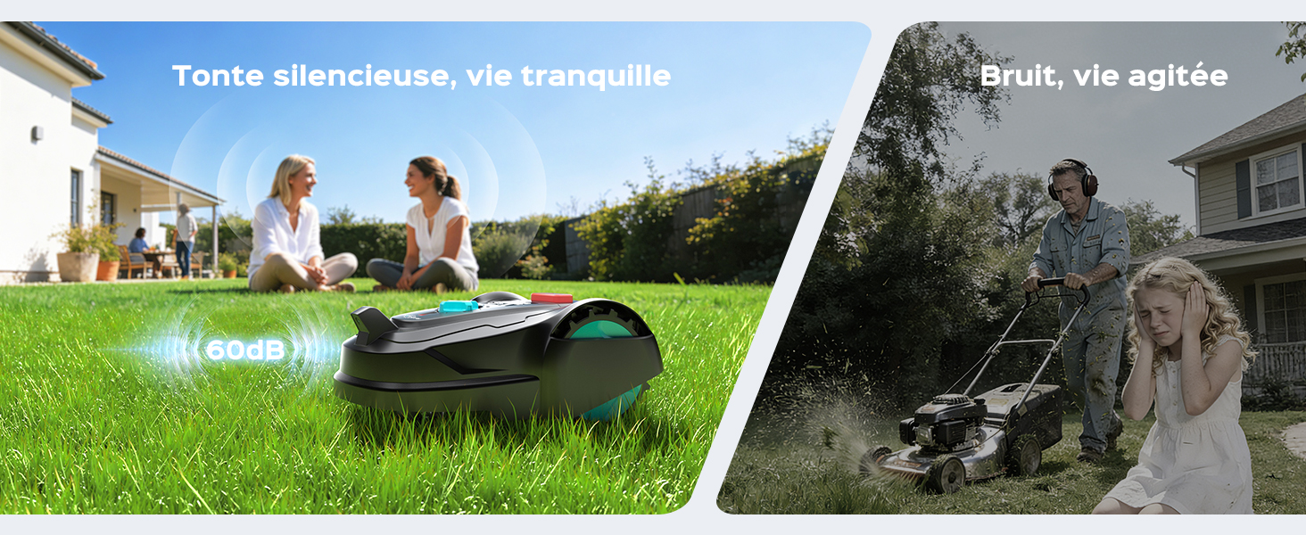 Le texte se lit comme suit : « Tonte silencieuse, vie tranquille » et « Bruit, vie agitée ». Image en panneau divisé montrant des scènes contrastées de détente tranquille en plein air par rapport à une activité intense.