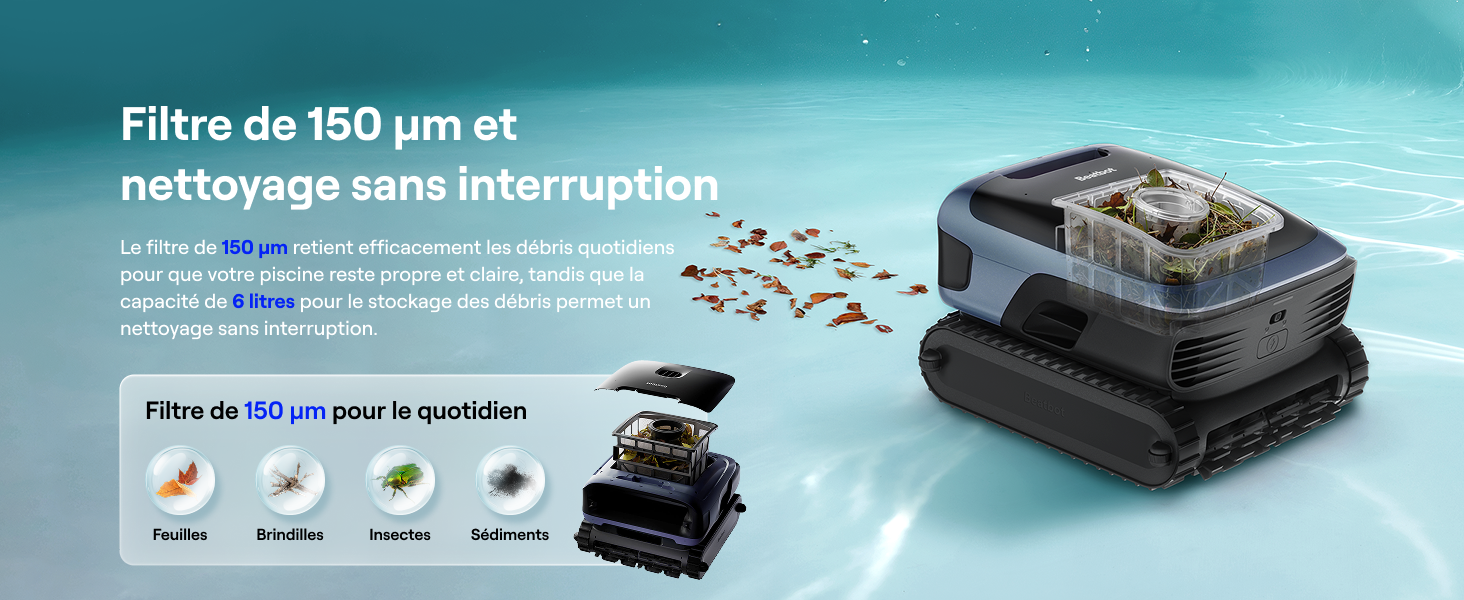 Le texte se lit comme suit : « Filtre de 150 μm et nettoyage sans interruption ». Plusieurs vues d'un appareil noir doté d'une fonctionnalité de filtrage ou de nettoyage.