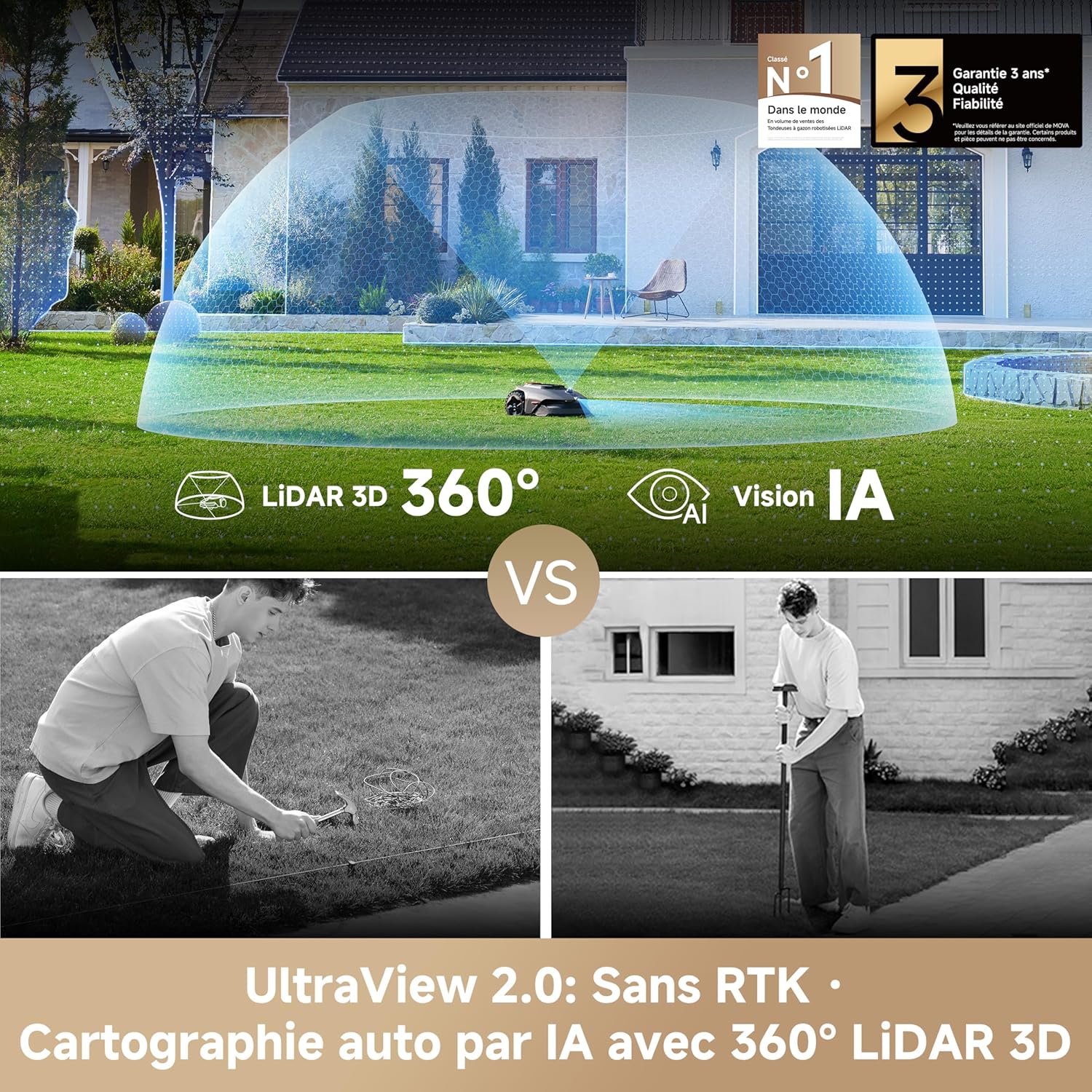 MOVA - LiDAX Ultra - Robot 800 m², IA LiDAR 3D, coupe 5 cm, toutes zones, sécurité animaux, tonte en U - Ultra800