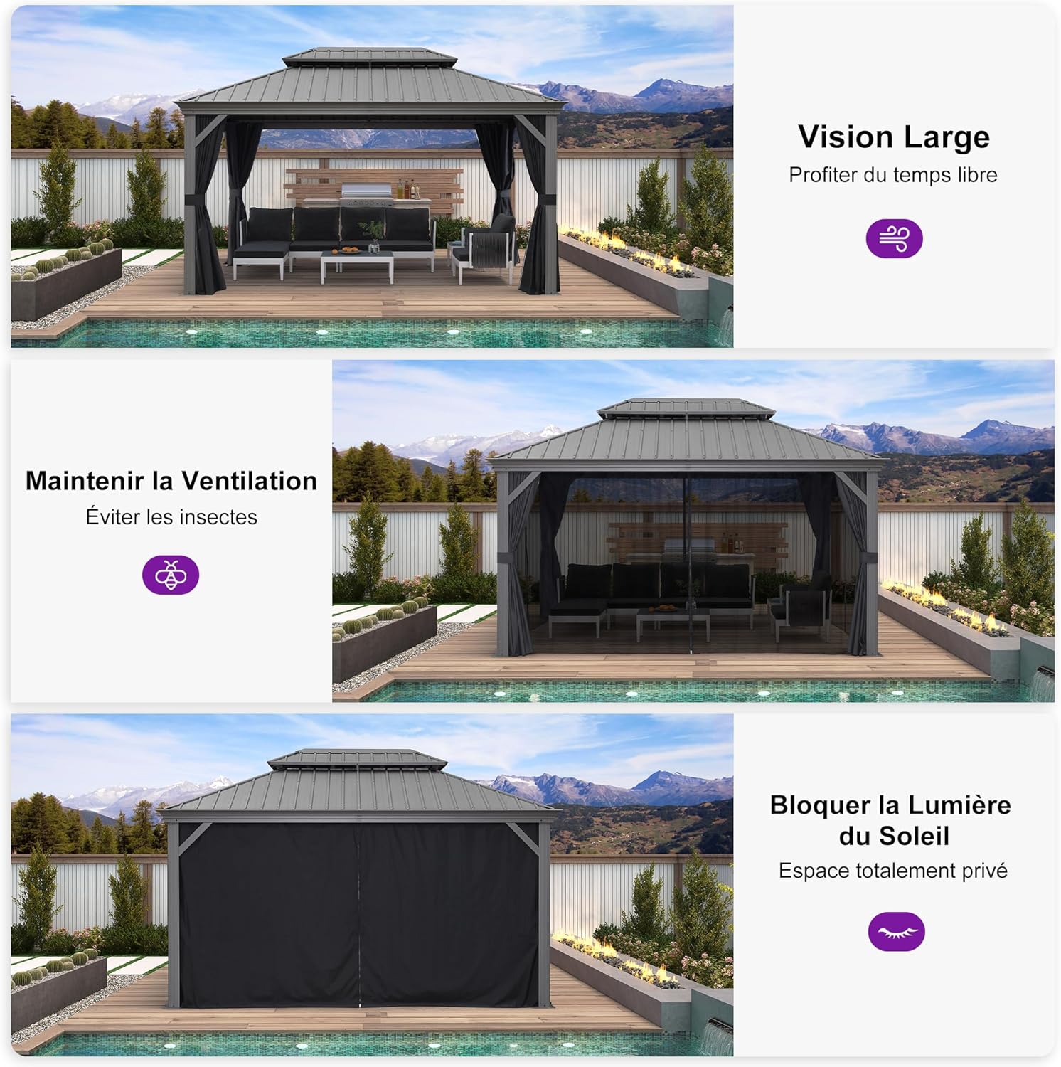 PURPLE LEAF - tonnelle extérieur - 3 x 4,25 m - alu double toit, rideaux, LED
