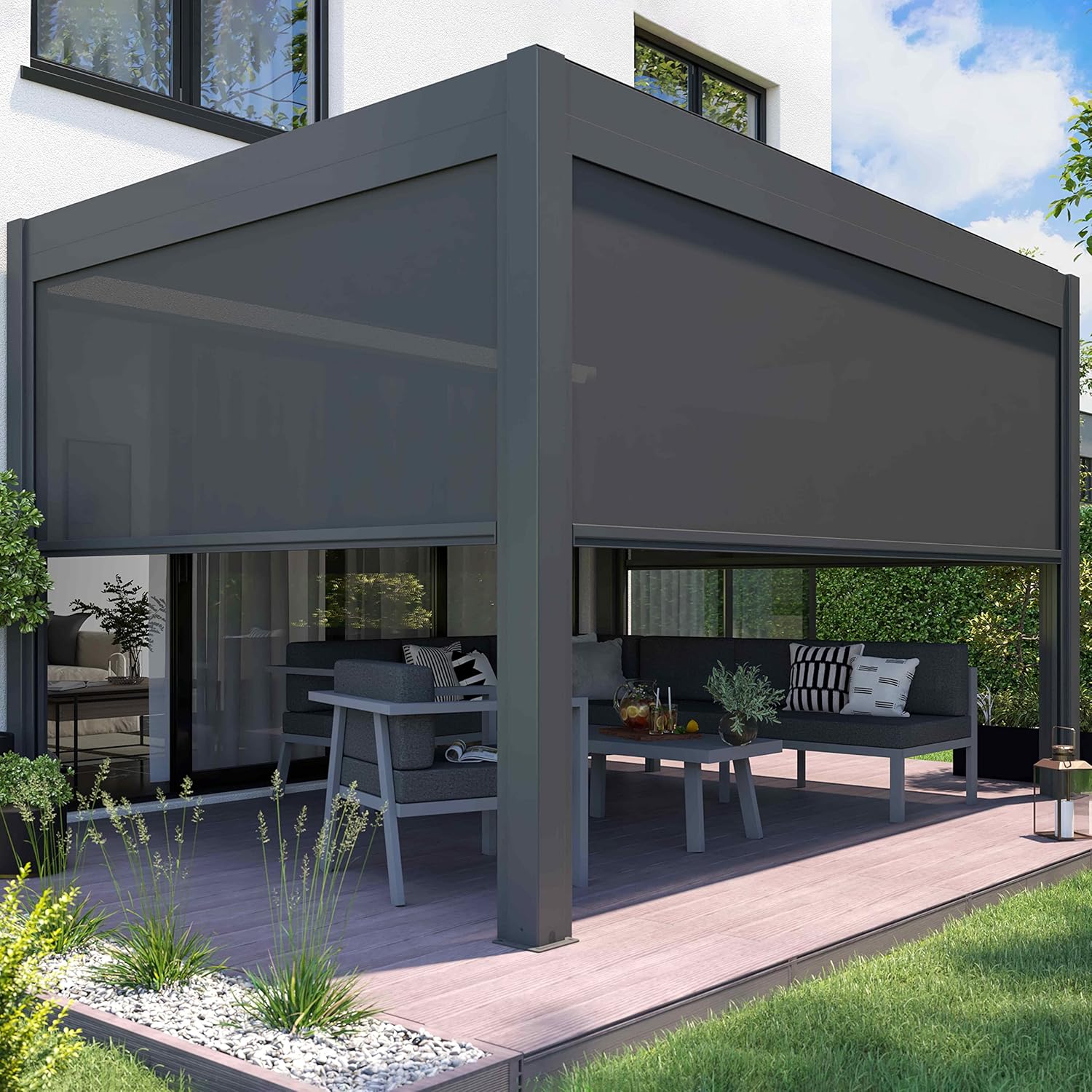 Oviala - Pergola bioclimatique motorisée autoportée 3x4m, LED, stores